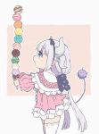  1girl blue_eyes blush brown_background capelet commentary curled_horns dragon_horns dress food frilled_capelet frills grey_background hair_ornament highres holding holding_food horns ice_cream ice_cream_cone kanna_kamui kobayashi-san_chi_no_maidragon long_hair long_sleeves looking_at_object looking_away low_twintails open_mouth outline outstretched_arms pikomarie pink_dress profile puffy_long_sleeves puffy_sleeves silver_hair solo tail thigh-highs too_many too_many_scoops twintails two-tone_background very_long_hair white_capelet white_legwear white_outline 