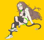  1girl absurdres bangs black_gloves breasts breasts_outside brown_hair gloves green_eyes grey_footwear grey_hoodie highres hood hood_down horns long_hair long_sleeves looking_at_viewer medium_breasts nagisa_kurousagi navel original parted_bangs parted_lips shoes simple_background sneakers solo tail yellow_background 