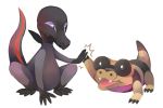  black_eyes claws commentary conmimi creature english_commentary eye_contact fangs full_body gen_5_pokemon gen_7_pokemon high_five looking_at_another no_humans pokemon pokemon_(creature) salandit sandile simple_background trait_connection violet_eyes white_background 