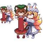  2girls animal_ears blonde_hair blush brown_hair cat_ears cat_tail chen commentary fox_ears fox_tail full_body hat holding_another longcat lowres multiple_girls multiple_tails pillow_hat pixel_art short_hair smile tabard tail touhou two_tails unk_kyouso yakumo_ran 