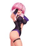  1girl armpits ass asymmetrical_sleeves black_leotard black_sleeves breasts breasts_apart cutout detached_sleeves fate/grand_order fate_(series) from_side hair_over_one_eye highres holding holding_towel leotard mash_kyrielight medium_breasts open_mouth pink_hair pink_towel purple_sleeves shiny shiny_hair shiny_skin short_hair sideboob simple_background thigh_strap tohoho_(hoshinoyami) towel twisted_torso violet_eyes white_background 