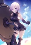  1girl armored_boots armored_leotard bangs black_footwear black_leotard boots breasts breasts_apart elbow_gloves eyebrows_visible_through_hair eyes_visible_through_hair fate/grand_order fate_(series) gloves hair_between_eyes holding_shield leotard looking_at_viewer mash_kyrielight medium_breasts midriff navel purple_gloves shield short_hair silver_hair solo sparkle standing stomach stomach_cutout thigh-highs thigh_boots thigh_strap violet_eyes weizhi 