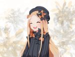  1girl 4thrabbit abigail_williams_(fate/grand_order) bangs black_bow black_dress black_headwear blonde_hair blush bow breasts closed_eyes dress fate/grand_order fate_(series) forehead hair_bow highres long_hair multiple_bows multiple_hair_bows open_mouth orange_bow parted_bangs ribbed_dress small_breasts smile solo 