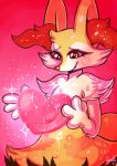  braixen commentary creature english_commentary eyelashes fang flufflixx gen_6_pokemon glowing gradient gradient_background heart highres holding holding_heart no_humans pink_background pokemon pokemon_(creature) red_eyes shadow signature solo sparkle standing star upper_body 