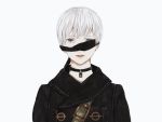  1boy black_blindfold black_choker blindfold buckle choker crying green_eyes highres male_focus nier_(series) nier_automata parted_lips red_lips shirone_(coxo_ii) simple_background solo white_background white_hair yorha_no._9_type_s 