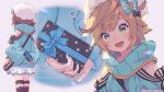  1girl artist_request bag bandages black_bow blue_bow blush bow brown_hair commentary company_name copyright_name dragalia_lost gift green_eyes hair_bow hat heart-shaped_bag melody_(dragalia_lost) multiple_views official_art open_mouth short_hair skirt smile striped striped_sweater sweatdrop sweater valentine white_skirt 