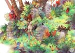  1girl bird blanchelune brown_eyes brown_hair commentary dark_skin english_commentary gen_2_pokemon gen_7_pokemon grass litten looking_at_viewer mahalo_trail mizuki_(pokemon) pichu pikipek plant pokemon pokemon_(creature) pokemon_(game) pokemon_sm popplio rowlet shirt short_sleeves shorts standing tied_shirt 