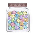  alternate_shiny_pokemon bottle candy commentary creature english_commentary food gen_7_pokemon in_bottle in_container kc_art konpeitou looking_at_viewer minior no_humans pokemon pokemon_(creature) signature simple_background white_background 
