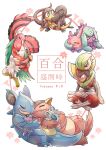  ^_^ bird bisharp blue_eyes blush breasts chinese_text claws closed_eyes commentary corsola couple creature dancing eating english_commentary eyelashes eyeshadow floral_background full_body gardevoir gen_1_pokemon gen_2_pokemon gen_3_pokemon gen_5_pokemon gen_7_pokemon hawlucha helioptile highres horns hug hug_from_behind interspecies kangaskhan makeup mareanie mouth_hold nidoqueen nidoran nidoran_(female) nidoran_(male) no_humans oricorio oricorio_(baile) pokemon pokemon_(creature) salazzle sicklizardman small_breasts translation_request venus_symbol yuri 