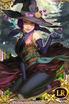 1girl bakumatsu_engi breasts closed_mouth commentary halloween looking_at_viewer mixed-language_commentary moon oume pantyhose purple_hair rejean_dubois short_hair solo 