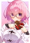  1girl absurdres bangs blush breasts candy chocolate chocolate_heart commentary_request duffel_coat eyebrows_visible_through_hair fate/grand_order fate_(series) food glasses hair_over_one_eye heart highres holding jacket large_breasts lavender_hair long_sleeves looking_at_viewer mash_kyrielight purple_hair red_ribbon ribbon short_hair smile solo valentine violet_eyes wasa_(pixiv29582664) white_jacket 
