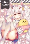  1girl animal_ears ass azur_lane bangs bare_shoulders blush breasts camisole character_name collarbone commentary_request copyright_name eyebrows_visible_through_hair feet_out_of_frame hair_between_eyes hair_ornament hairband hairclip highres jacket knees_up laffey_(azur_lane) long_hair long_sleeves manjuu_(azur_lane) no_shoes object_hug off_shoulder open_clothes open_jacket parted_lips pink_jacket pleated_skirt rabbit_ears red_eyes red_hairband red_skirt silver_hair skirt sleeves_past_fingers sleeves_past_wrists small_breasts solo strap_slip stuffed_animal stuffed_bird stuffed_toy suzunone_rena thigh-highs twintails very_long_hair white_camisole white_legwear 