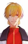  1boy ahoge bangs blonde_hair commentary_request earrings fate/stay_night fate_(series) gilgamesh grin hair_between_eyes highres jewelry kiki7 looking_at_viewer male_focus red_eyes short_hair simple_background smile white_background 