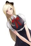  1girl bangs blonde_hair blue_eyes bow braid chan1moon commentary_request dangan_ronpa dress eyebrows_visible_through_hair french_braid hair_bow long_hair looking_at_viewer red_ribbon ribbon short_sleeves simple_background smile solo sonia_nevermind super_dangan_ronpa_2 very_long_hair white_background 