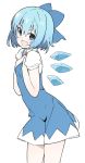  1girl blue_dress blue_eyes blue_hair blue_ribbon bow cirno dress dress_shirt fairy_wings fang hair_bow hands_on_own_chest highres ice ice_wings kt_kkz looking_at_viewer open_mouth puffy_short_sleeves puffy_sleeves red_neckwear red_ribbon ribbon shirt short_hair short_sleeves simple_background smile solo touhou white_background white_shirt wing_collar wings 