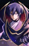  1boy black_cape black_gloves blue_eyes blue_hair cape closed_mouth code_geass frown gloves hair_between_eyes highres kubird_meme lelouch_lamperouge looking_at_viewer male_focus shiny shiny_hair solo upper_body 
