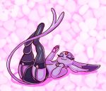  :3 black_legwear black_panties blush closed_mouth clothed_pokemon commentary creature english_commentary espeon flufflixx full_body gen_2_pokemon happy heart heart_background looking_up lying no_humans on_back panties pokemon pokemon_(creature) purple_background purple_theme shadow solo thigh-highs underwear violet_eyes 