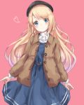  1girl alternate_costume beret blonde_hair blue_dress blue_eyes blue_headwear brown_coat coat commentary_request dress full_body hat highres jervis_(kantai_collection) kantai_collection long_hair mary_janes pink_background sa-ya2 shoes simple_background socks solo standing white_legwear 