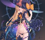  1girl abigail_williams_(fate/grand_order) bangs bare_shoulders black_bow black_headwear black_panties blonde_hair blush bow breasts fate/grand_order fate_(series) forehead grey_background hat highres io_(io_oekaki) key keyhole long_hair multiple_bows multiple_hat_bows navel open_mouth orange_bow panties parted_bangs red_eyes skull_print small_breasts smile solo staff stuffed_animal stuffed_toy teddy_bear underwear witch_hat 
