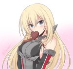  1girl bangs bismarck_(kantai_collection) blonde_hair blue_eyes blush breasts candy chocolate chocolate_heart elbow_gloves eyebrows_visible_through_hair food gloves gradient gradient_background hand_on_own_chest heart highres icesherbet kantai_collection large_breasts long_hair military military_uniform mouth_hold no_hat no_headwear solo twitter_username two-tone_background uniform upper_body 