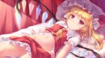  1girl ascot blonde_hair commentary_request crystal flandre_scarlet frilled_shirt frilled_shirt_collar frilled_skirt frills groin hat highres looking_at_viewer lying lzh medium_hair mob_cap navel on_back one_side_up puffy_short_sleeves puffy_sleeves red_eyes shirt shirt_lift short_sleeves skirt skirt_pull smile solo touhou white_shirt wings yellow_neckwear 