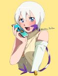  1girl absurdres aioka_(aichiu_kuchiu) blue_eyes blush breasts cellphone commentary_request digimon digimon_adventure_02 fang fusion highres holding holding_cellphone holding_phone looking_at_viewer open_mouth personification phone shirt short_hair simple_background sleeveless smile solo sweater tailmon turtleneck turtleneck_sweater wizarmon yagami_hikari 