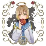  1boy ahoge bangs blonde_hair blue_neckwear blue_sailor_collar bow character_name dress eyebrows_visible_through_hair food fruit green_eyes hair_between_eyes holding holding_food holding_fruit laphicet_(tales) long_sleeves looking_at_viewer male_focus monicanc red_apple sailor_collar sailor_dress short_hair solo tales_of_(series) tales_of_berseria twitter_username upper_body velvet_crowe white_background white_dress yellow_bow 
