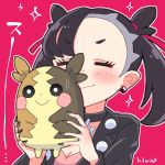  1girl absurdres black_choker black_eyes black_hair black_nails blush choker closed_eyes earrings eyebrows_visible_through_hair fingernails gen_8_pokemon hair_ribbon highres hiva+ holding holding_pokemon jewelry long_fingernails long_hair mary_(pokemon) morpeko open_eyes pink_background pink_ribbon pokemon pokemon_(creature) pokemon_(game) pokemon_swsh ribbon short_eyebrows signature simple_background single_earring smile sparkle sweat sweatdrop 