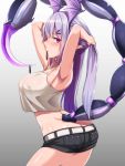  1girl arknights armpits ass bangs belt blush breasts cowboy_shot crop_top crop_top_overhang hair_ornament hair_tie_in_mouth hairclip head_wings hiruno holding holding_hair long_hair looking_at_viewer manticore_(arknights) mouth_hold pointy_ears purple_hair scorpion_tail shorts solo tail twintails violet_eyes 