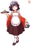  1girl absurdres alternate_costume artist_logo black_hair black_hakama choko_(cup) commentary_request cropped_legs cup dated full_body hair_ribbon hakama highres ishigaki_(kantai_collection) japanese_clothes kanon_(kurogane_knights) kantai_collection kimono looking_at_viewer maid_headdress orange_kimono red_eyes red_ribbon ribbon short_hair simple_background smile solo standing teacup wa_maid waitress white_background white_ribbon 