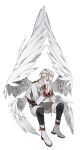  1boy angel angel_wings blonde_hair fingernails hair_slicked_back hands_together highres invisible_chair lower_teeth male_focus multiple_wings open_mouth original panza shorts sitting solo sweat teeth transparent_background violet_eyes white_footwear white_shorts wings 