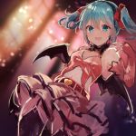  1girl :d bare_shoulders bat_wings belt black_hairband blue_eyes blue_hair blush elbow_gloves eyebrows_visible_through_hair gloves hair_between_eyes hair_ribbon hairband hatsune_miku heart_hunter_(module) ikeuchi_tanuma layered_skirt looking_at_viewer navel open_mouth pink_skirt red_gloves red_ribbon ribbon skirt smile solo standing twintails vocaloid wings 