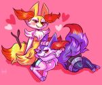  alternate_color black_legwear blush braixen brown_eyes commentary creature english_commentary fang flufflixx full_body gen_6_pokemon hand_on_another&#039;s_head heart lying no_humans on_lap on_side pink_background pink_legwear pokemon pokemon_(creature) pokemon_on_lap shadow shiny_pokemon signature simple_background sitting smirk star stick thigh-highs 