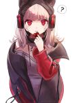  1girl ? arknights beanie black_headwear blush coat eyebrows_visible_through_hair frostleaf_(arknights) hat headphones heart highres jacket looking_at_viewer open_mouth ore_lesion_(arknights) red_eyes red_jacket red_nails red_sleeves sakana1sa simple_background solo white_background 