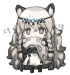  1girl animal_ear_fluff animal_ears animal_print arknights belt black_belt chibi grey_eyes head_chain holding_bell holding_own_tail leopard_ears leopard_girl leopard_print leopard_tail pramanix_(arknights) ran_system side_braids solo tail 