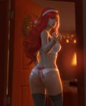  1girl ass black_legwear blue_eyes blurry bow bow_panties bra breasts christmas commentary cowboy_shot depth_of_field door doorway from_behind hat highres indoors long_hair looking_back medium_breasts original panties parted_lips puz_lee realistic red_bow redhead santa_hat solo standing thigh-highs underwear very_long_hair white_bra white_panties wreath 