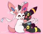  :d ^_^ closed_eyes commentary creature crying english_commentary flufflixx full_body gen_2_pokemon gen_6_pokemon heart hug no_humans open_mouth pink_background pokemon pokemon_(creature) red_eyes sad smile sylveon tears umbreon 