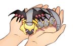  blush_stickers commentary conmimi creature english_commentary gen_4_pokemon giratina giratina_(altered) hands holding holding_pokemon legendary_pokemon lying on_stomach pokemon pokemon_(creature) signature simple_background white_background wings 