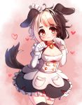  1girl :3 absurdres animal_ears bell bell_collar black_legwear blonde_hair breasts brown_hair collar dog_ears dog_girl dog_tail dress eyebrows_visible_through_hair hachiko_of_castling heart highres kosobin last_origin looking_at_viewer maid maid_headdress multicolored_hair paw_pose red_collar solo tail thigh-highs two-tone_hair wrist_cuffs 
