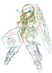  1girl aiming color_trace colored_pencil_(medium) commentary_request elbow_gloves frame_arms_girl gloves goggles goggles_on_head gourai gun headgear highres knife kumichou_(ef65-1118-ef81-95) mecha_musume panties rifle shield short_hair shoulder_cannon sketch sniper_rifle solo striped striped_panties thigh-highs traditional_media underwear weapon white_background 