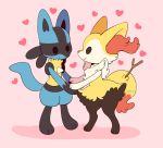  black_eyes braixen commentary couple creature flufflixx full_body gen_4_pokemon gen_6_pokemon heart interspecies lucario no_humans pink_background pokemon pokemon_(creature) shadow simple_background smile spikes standing stick symbol_commentary 