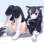  1girl animal_ear_fluff animal_ears artist_name between_breasts blue_eyes breasts commentary commentary_request eyebrows_visible_through_hair full_body fur_collar gloves gradient gradient_legwear grey_wolf_(kemono_friends) heterochromia kemono_friends knees_up looking_at_viewer medium_breasts medium_skirt multicolored_hair necktie necktie_between_breasts panties saikuro skirt solo tail thigh-highs two-tone_hair underwear white_gloves white_panties wolf_ears wolf_girl wolf_tail yellow_eyes 