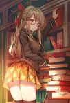  1girl book bookshelf eyebrows_visible_through_hair glasses hair_ribbon half_updo highres kneehighs library long_hair looking_at_viewer munape original pleated_skirt ribbon school_uniform skirt solo thighs 