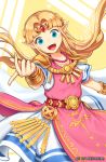  1girl blonde_hair blue_eyes breasts dress long_hair looking_at_viewer open_mouth pointy_ears pokey princess_zelda smile solo symbol_commentary the_legend_of_zelda tiara 