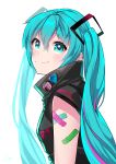  1girl bandaid bandaid_on_arm bangs black_jacket blue_eyes blue_hair blush character_name closed_mouth from_side hair_between_eyes hair_ornament halha_20 hatsune_miku highres jacket long_hair shiny shiny_hair simple_background sleeveless sleeveless_jacket smile solo twintails upper_body very_long_hair vocaloid white_background 