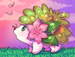  clouds cloudy_sky commentary creature day english_commentary flufflixx from_side full_body gen_4_pokemon grass no_humans outdoors petals pokemon pokemon_(creature) profile purple_sky shaymin shaymin_(land) sky solo 