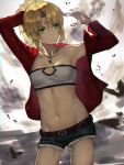  1girl adjusting_hair aito belt blonde_hair breasts collarbone cutoffs denim denim_shorts fate/apocrypha fate/grand_order fate_(series) green_eyes highres jacket jewelry medium_hair mordred_(fate) mordred_(fate)_(all) navel necklace open_clothes open_jacket pendant petite ponytail red_jacket shorts small_breasts solo strapless tubetop 