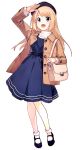  1girl alternate_costume bag beret blonde_hair blue_dress blue_eyes blue_headwear brown_coat coat dress full_body hat jervis_(kantai_collection) kantai_collection konishi_(koconatu) long_hair mary_janes official_art shoes shoulder_bag socks solo standing transparent_background white_legwear 