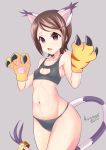  1girl absurdres brown_eyes brown_hair cleavage_cutout cosplay digimon digimon_adventure gloves hair_ornament hairclip highres king_sou_s looking_at_viewer open_mouth panties short_hair simple_background solo tailmon tailmon_(cosplay) underwear yagami_hikari 