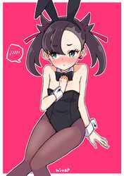  1girl absurdres animal_ears bare_shoulders black_bow black_hair black_neckwear blue_eyes blush bow bunny_girl bunnysuit closed_mouth commentary cuffs earrings eyebrows_visible_through_hair fake_animal_ears highres hiva+ jewelry mary_(pokemon) pantyhose pink_background pokemon pokemon_(game) pokemon_swsh rabbit_ears signature simple_background single_earring solo speech_bubble 